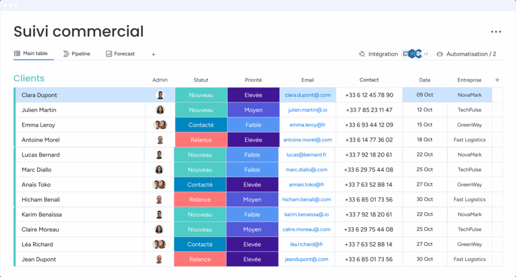 Tableau de suivi client montrant les statuts, priorités, contacts et dates pour chaque fiche client.
