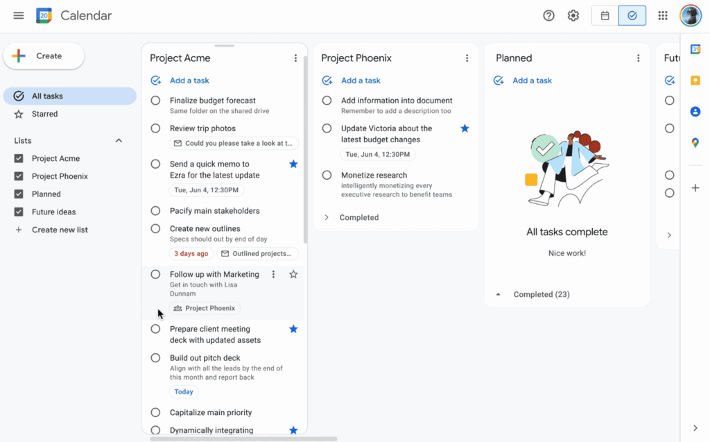 Interface Google Task pour la gestion des tâches dans divers projets.