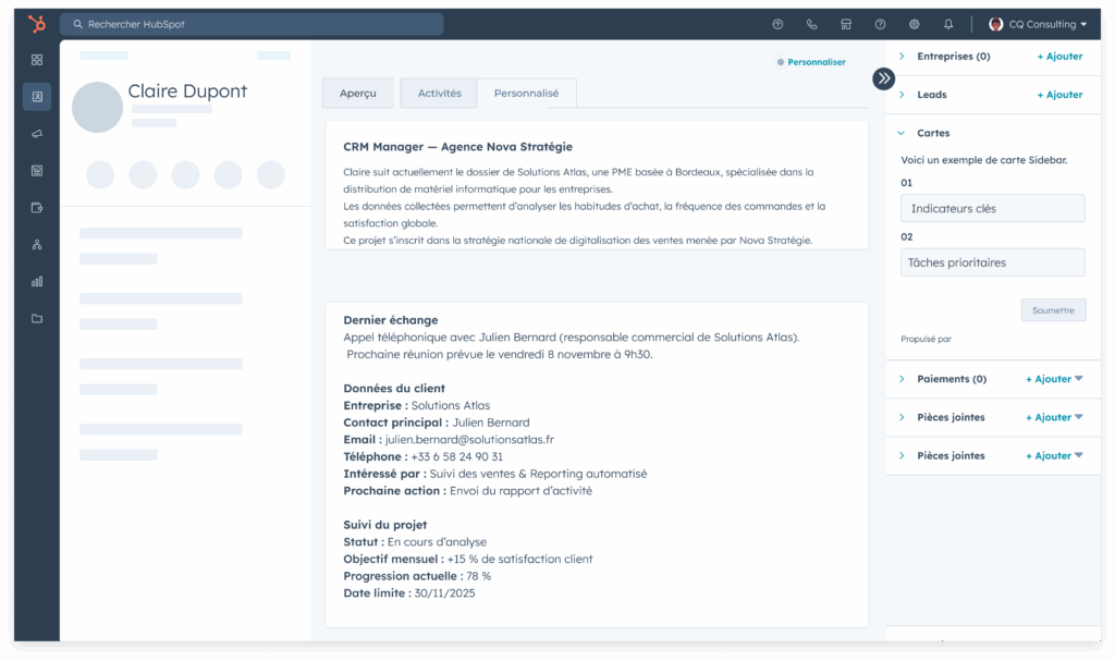 Fiche cliente HubSpot pour CRM manager avec suivi du projet, échanges et objectifs mensuels