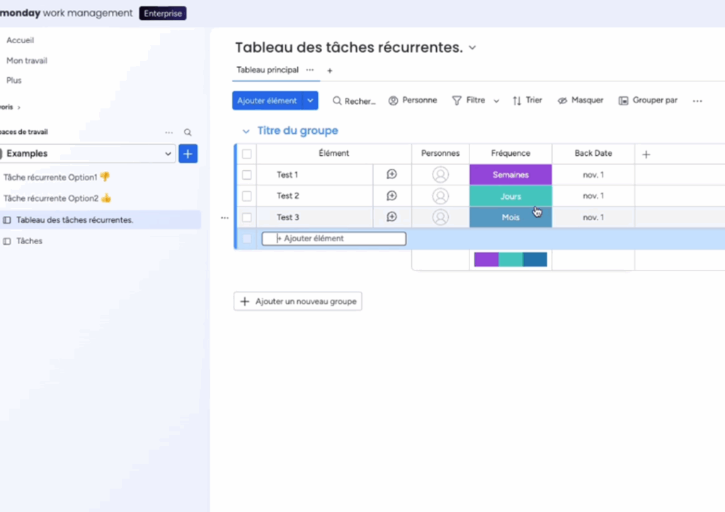 Tableau Monday pour tâches récurrentes avec fréquence et date pour chaque ligne.