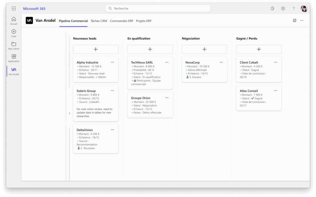 Microsoft 365 : tableau Kanban du pipeline de ventes, leads, nego, gagne/perdu.