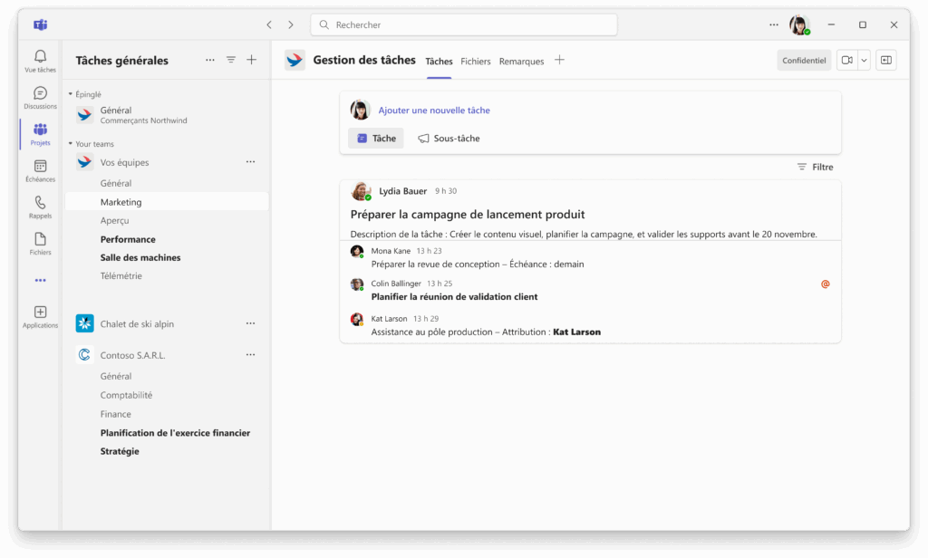Interface Microsoft pour la gestion des tâches au sein d’une équipe marketing.