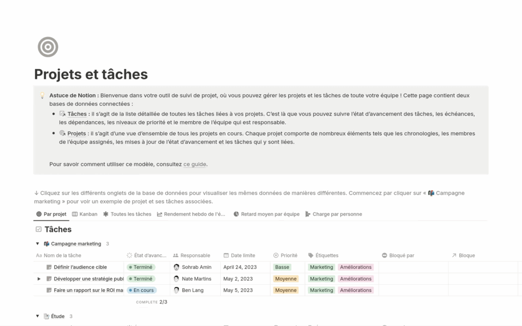 Interface Notion pour gestion des tâches et suivi clair des projets d’équipe.