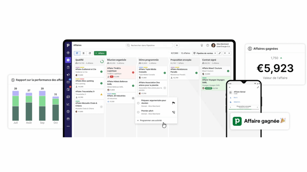 Pipedrive CRM pour gérer ventes, pipeline et suivi clair sur ordinateur et mobile.