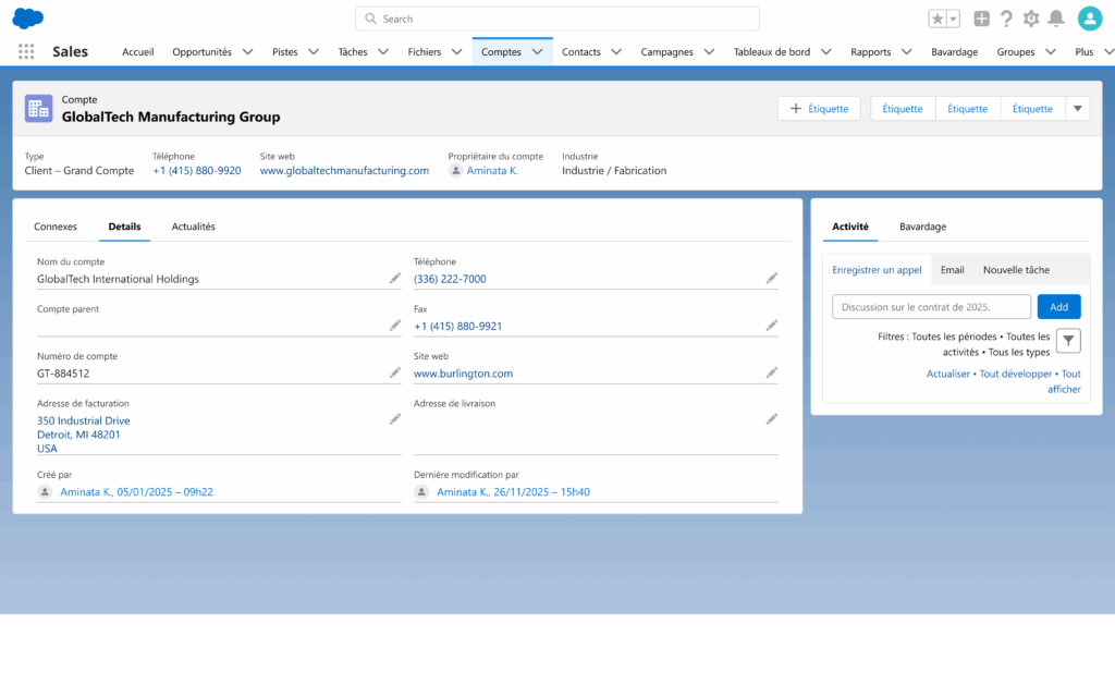 Interface CRM Salesforce pour gérer infos client et suivre activités commerciales.