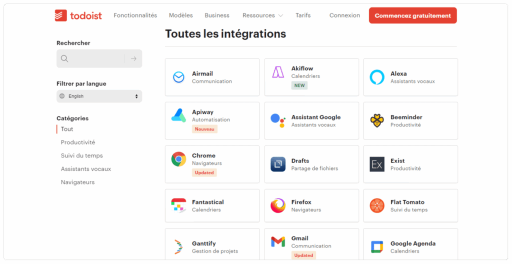 Intégrations Todoist pour gestion des tâches avec outils de productivité variés.