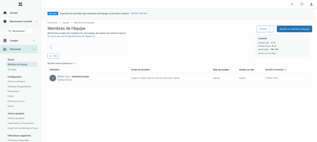 Interface Zendesk pour gérer membres, rôles et accès du compte.