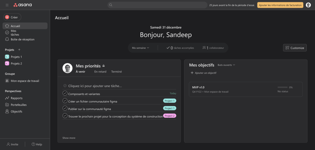 Interface Asana sombre dédiée à la gestion des tâches avec priorités et objectifs.