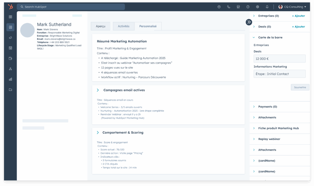 Vue HubSpot avec fiche contact et données marketing.