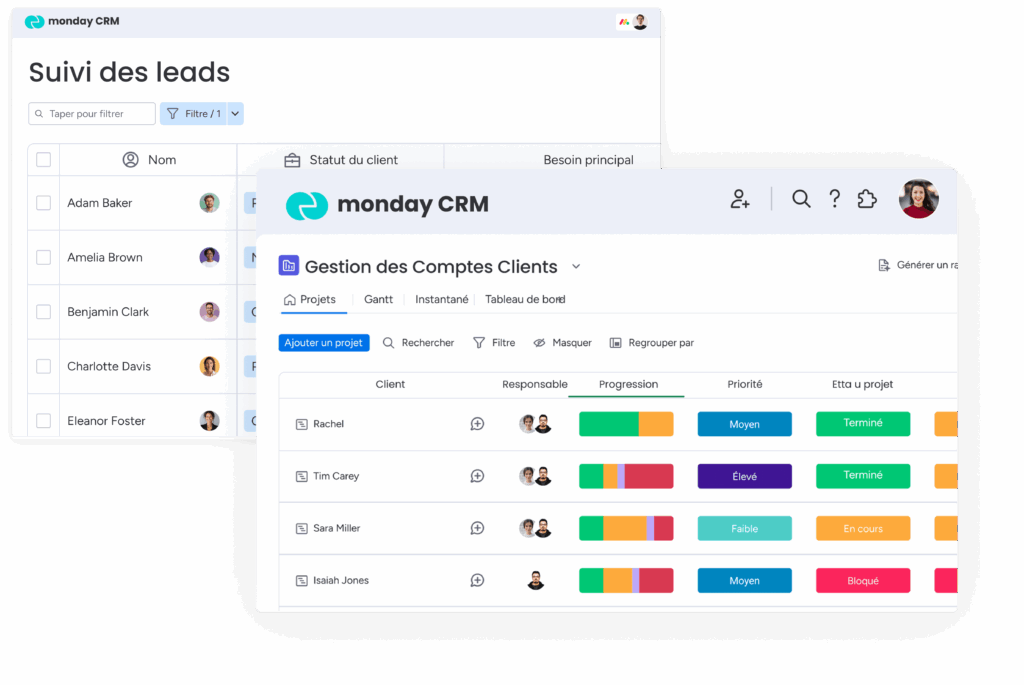 Vue monday CRM pour le suivi client avec tableaux leads et comptes, infos clés et progression.