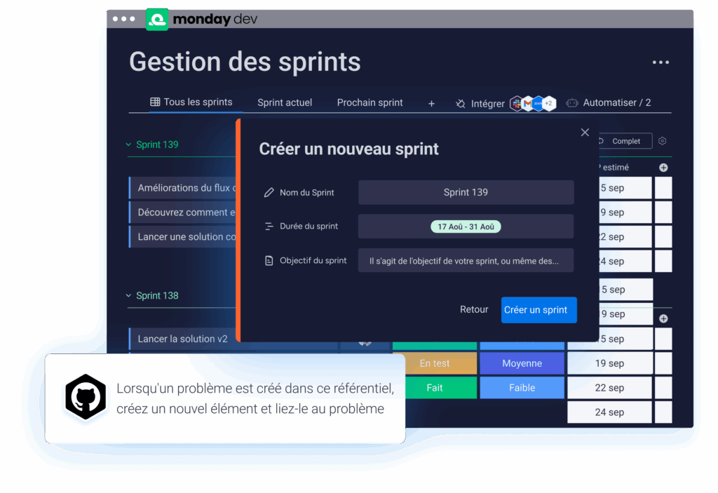 Interface monday dev pour gestion des sprints, suivi des tâches et planification produit.