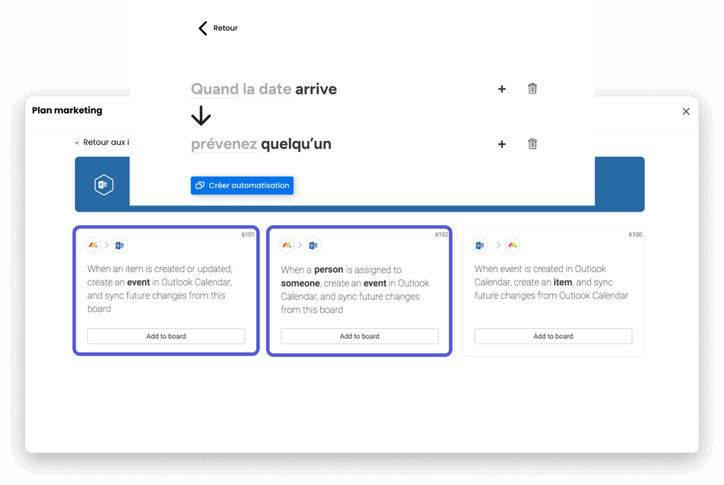 Automatisations monday avec création d’événements Outlook et alertes selon dates et responsables.