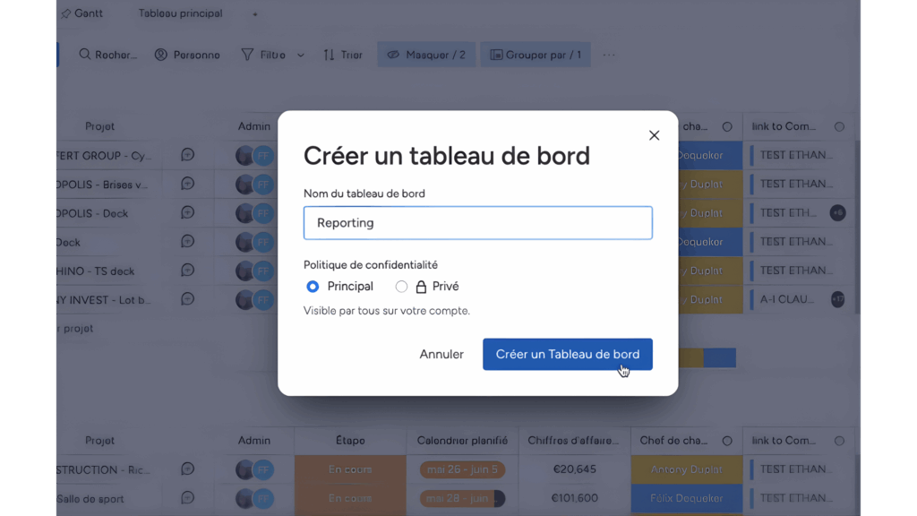 Création d’un tableau de bord monday avec nom et niveau de confidentialité.