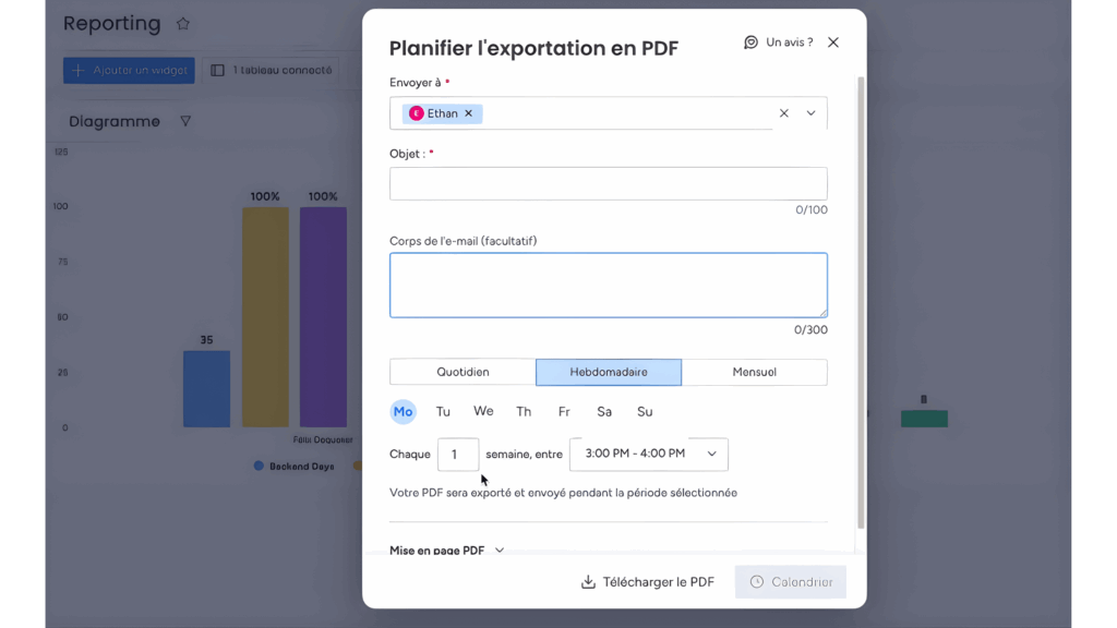 Fenêtre export PDF tableau de bord monday avec planification envoi hebdomadaire.