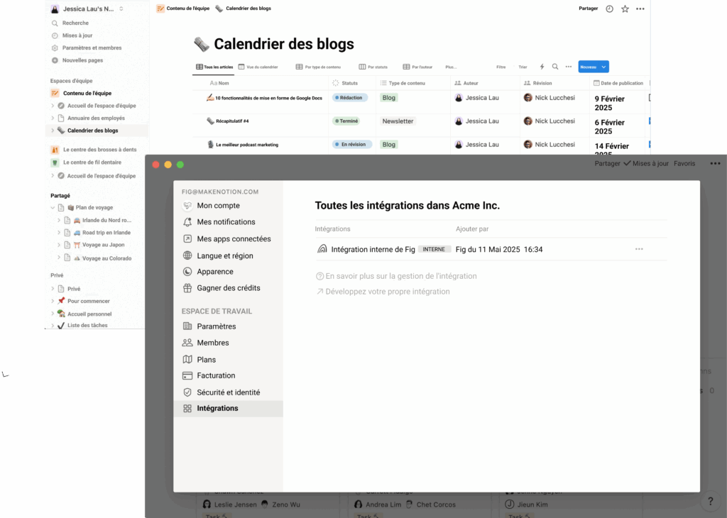 Fonctionnalités Notion avec calendrier éditorial, base de données et gestion des équipes.