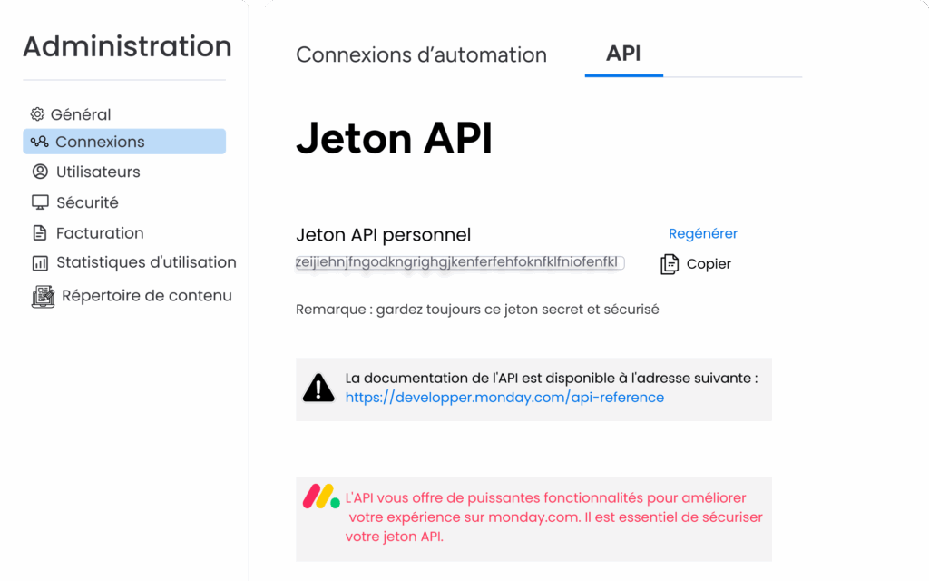 Jeton API monday dans paramètres admin avec clé personnelle, options copier et régénérer.