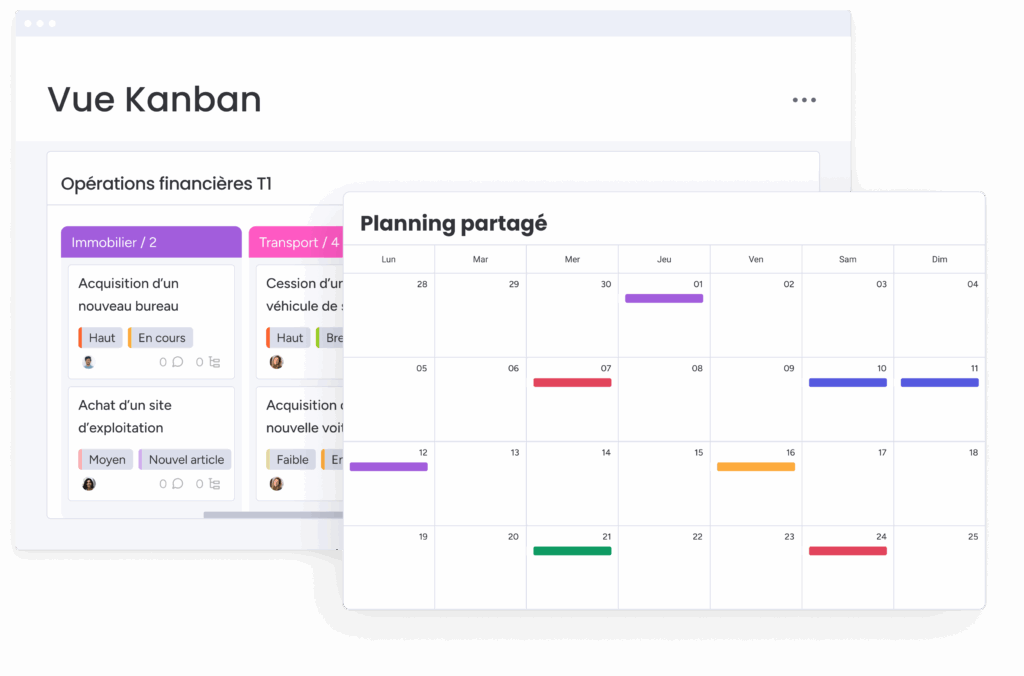 Vue Kanban monday avec calendrier et tâches par statut.