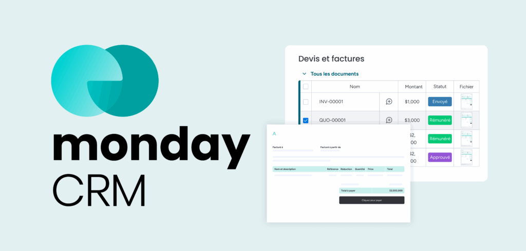 Interface monday CRM avec devis, factures, suivi des paiements et statuts clients.