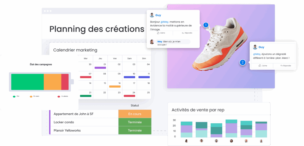 Planning marketing sur monday, commentaires visuels sur création produit et suivi des campagnes.