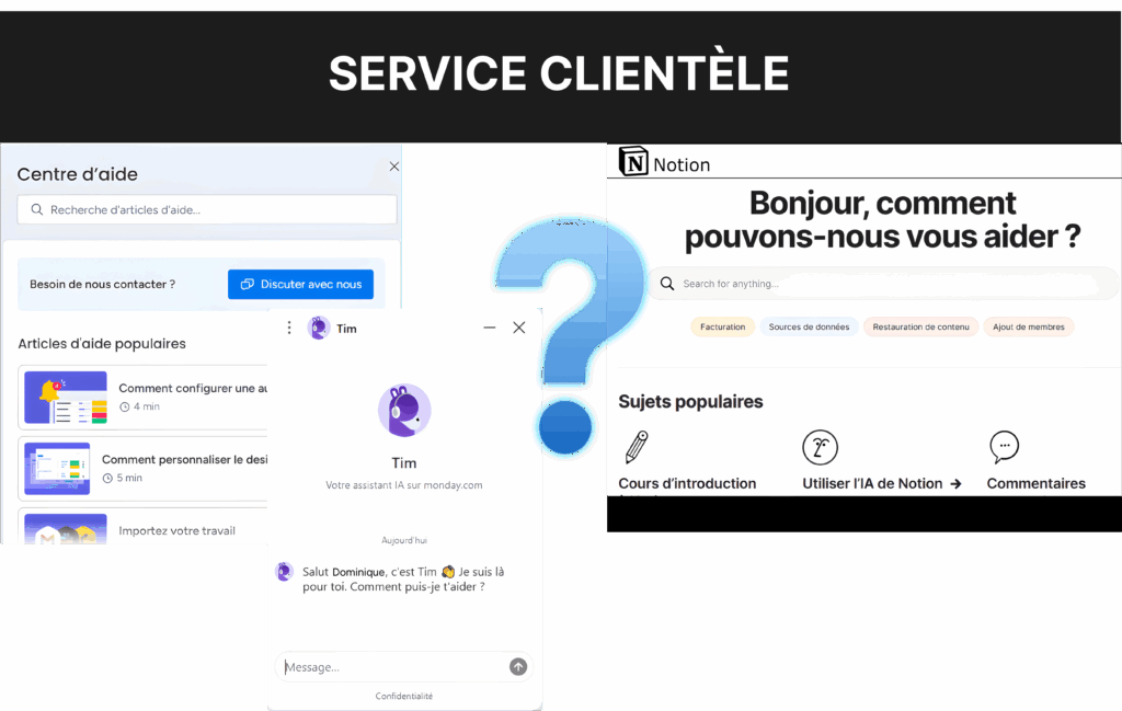 Service clientèle monday vs Notion avec centre d’aide et support utilisateurs.