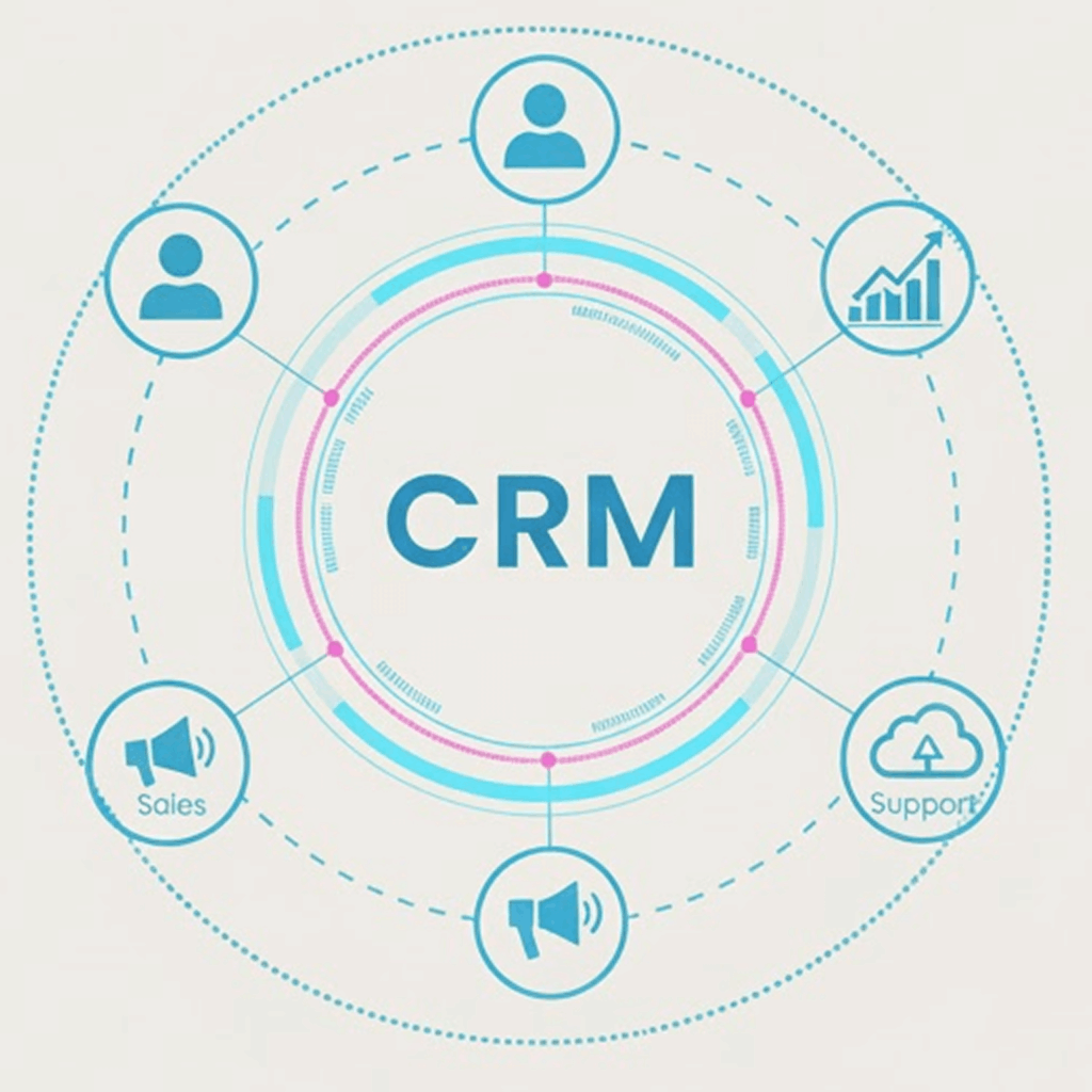 Schéma CRM central avec ventes, marketing, support, données clients et intégration outils digitales.