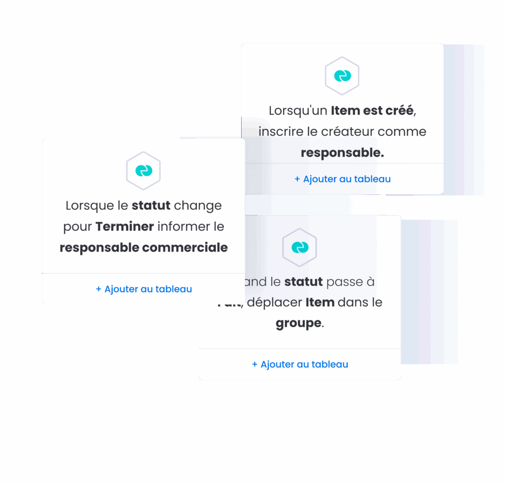 Automatisations CRM pour actions commerciales, notifications de statut et attribution des responsables.