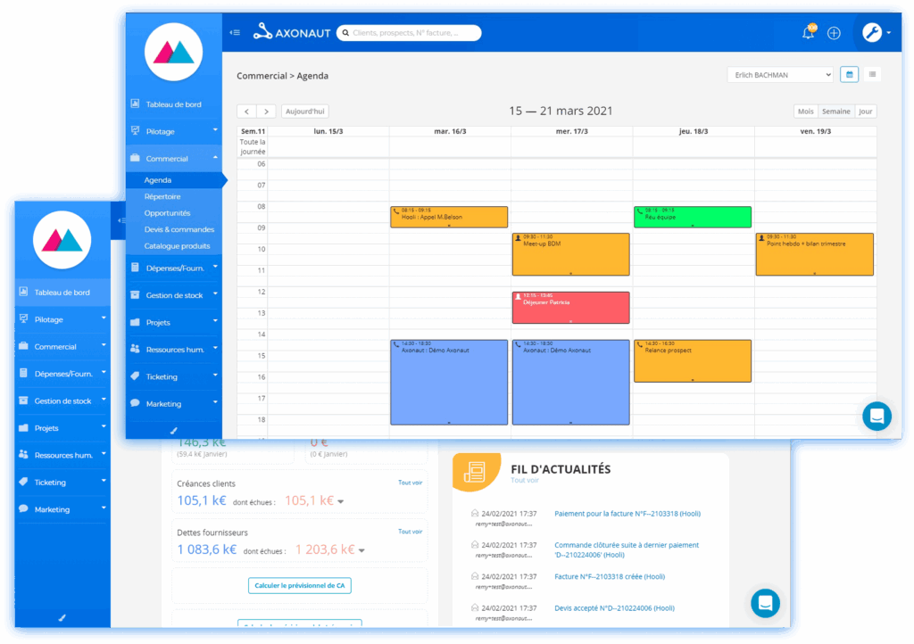Interface Axonaut CRM avec agenda ventes, gestion clients et suivi activité.
