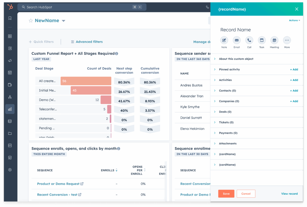 Interface HubSpot CRM tableau de bord pipeline ventes reporting contacts et automatisation.
