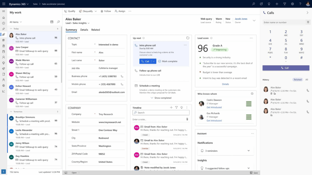 Interface Microsoft Dynamics 365 CRM suivi leads ventes appels scoring et actions commerciales.