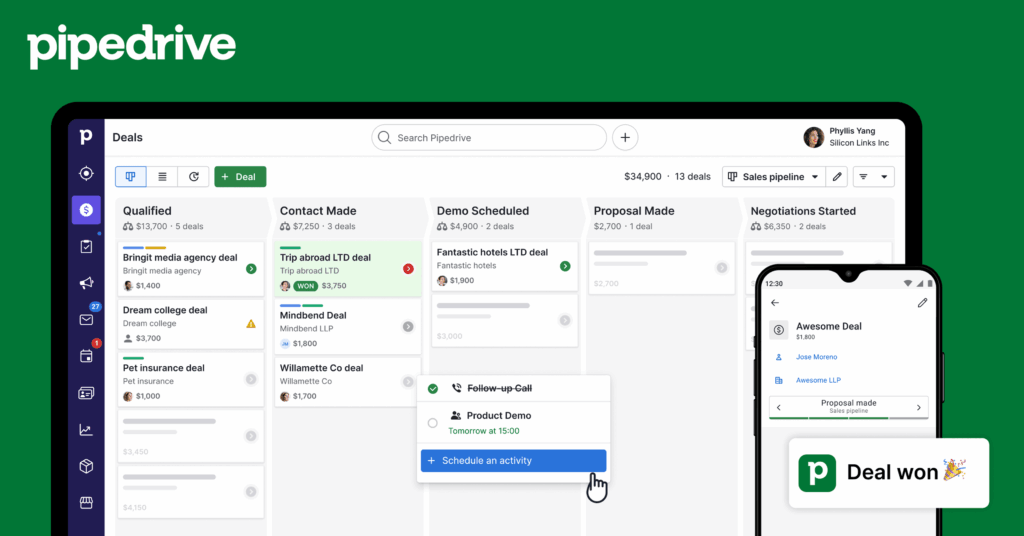 Interface Pipedrive CRM avec pipeline de ventes, cartes de deals et application mobile.
