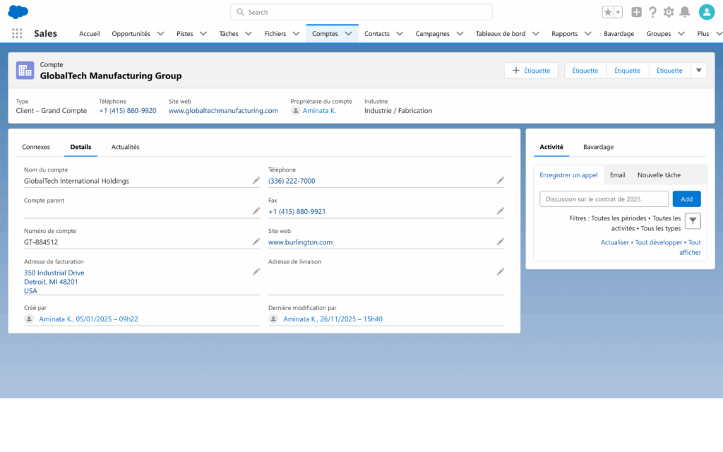 Fiche compte Salesforce avec informations client, contacts, activités et données de facturation.