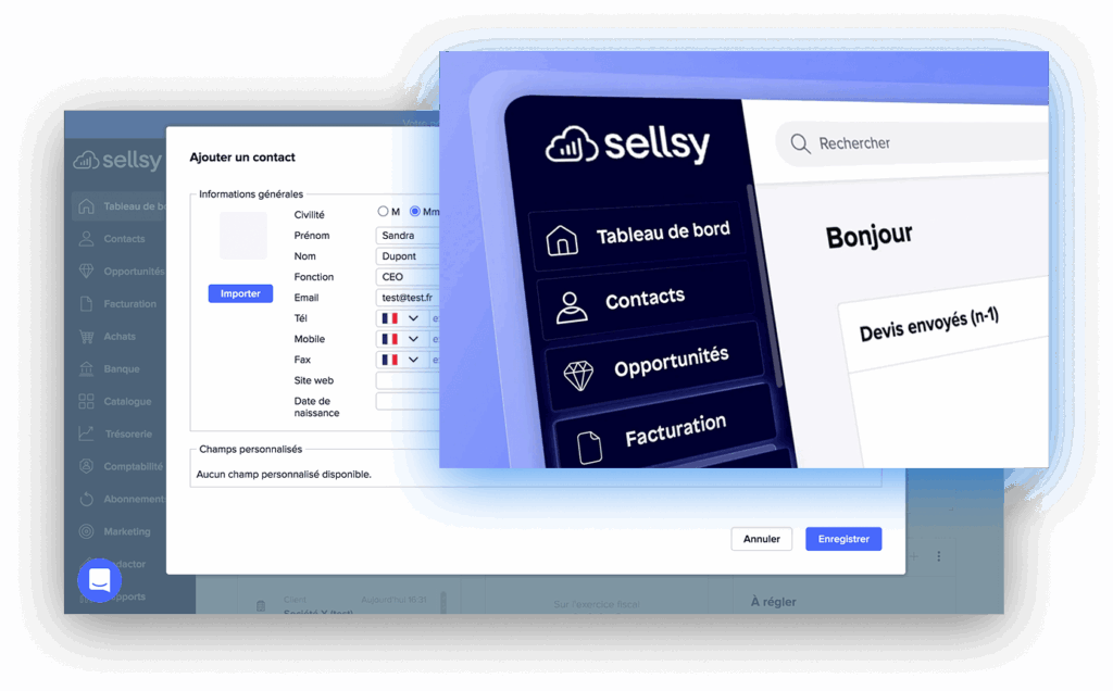 Logiciel suivi commercial Sellsy pour gestion clients devis facturation CRM.