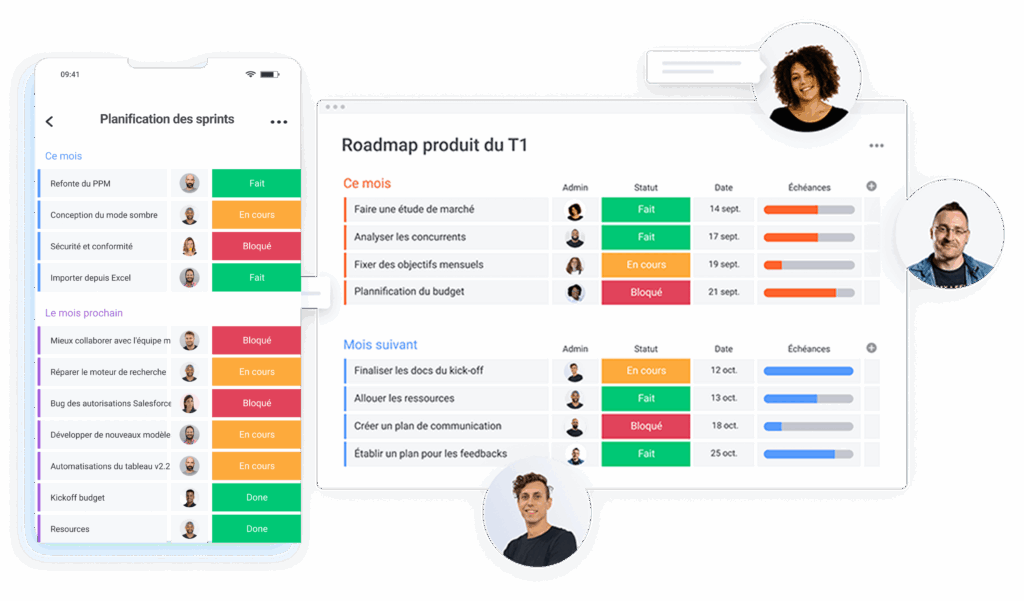Planification des sprints et roadmap produit T1 sur mobile et desktop avec monday.