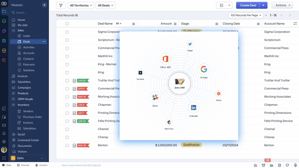Zoho CRM logiciel suivi commercial avec intégrations ventes marketing.