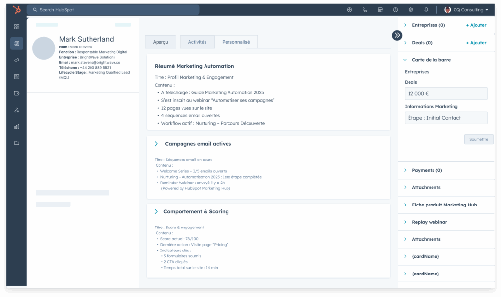 Interface HubSpot CRM avec fiche contact, marketing automation, scoring et campagnes email.