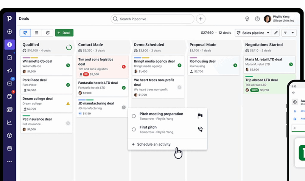 Tableau Kanban Pipedrive CRM avec pipeline de ventes, deals par étape et actions de suivi.