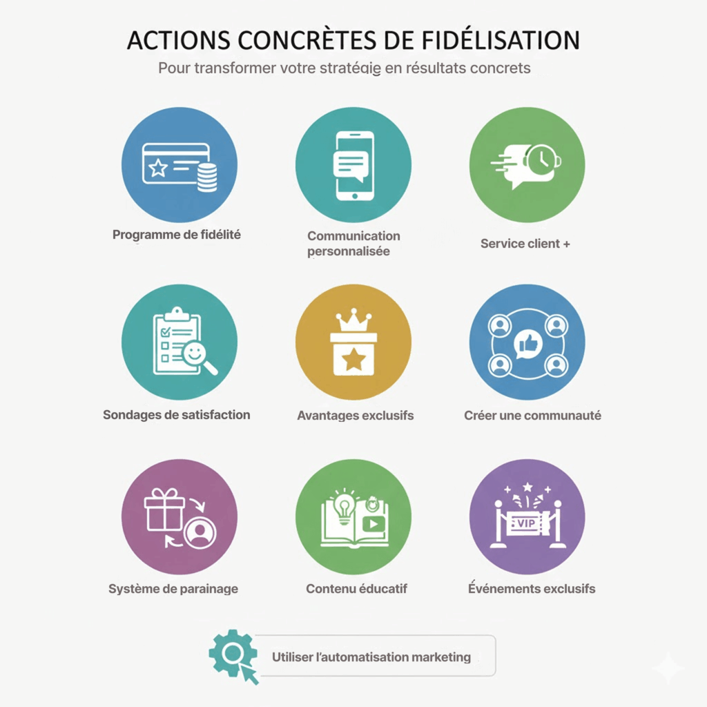 Infographie fidélisation client présentant 10 actions clés programme, communication et service client.