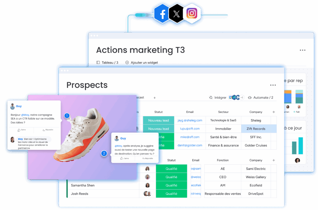 Marketing digital : suivi des prospects, actions marketing et campagnes sur réseaux sociaux.