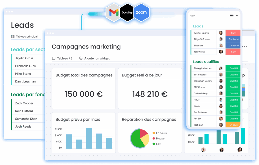 Marketing digital avec tableau de bord CRM, suivi des leads, budgets et campagnes multicanal.