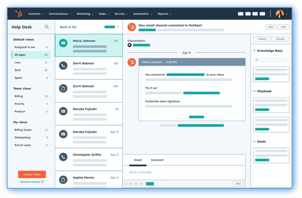 Interface Hobspot avec liste de contacts.