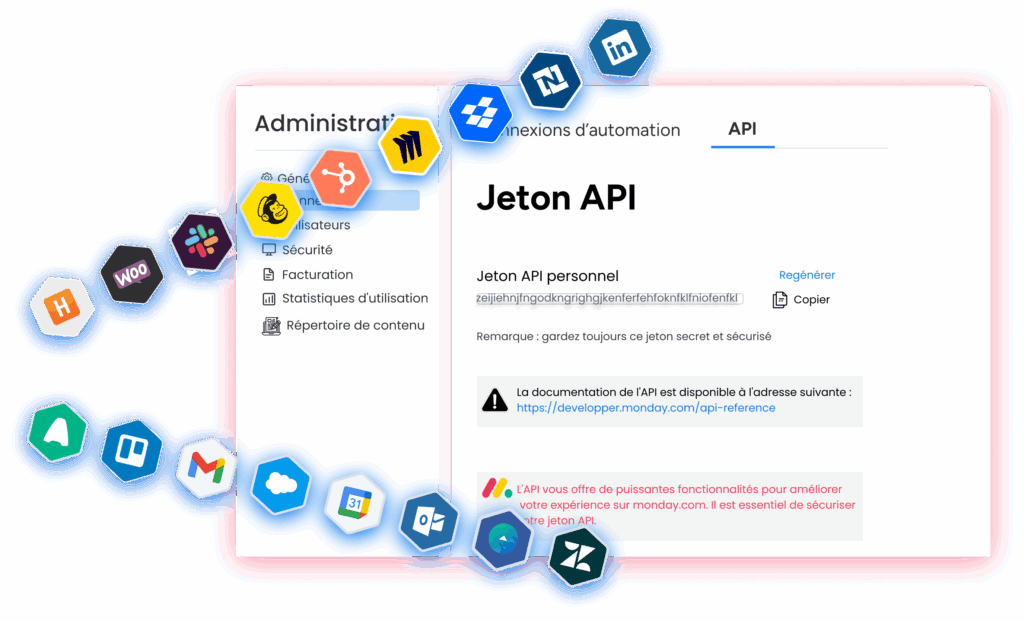 Jeton API logiciel CRM avec intégrations outils externes et connexions via API sécurisée.
