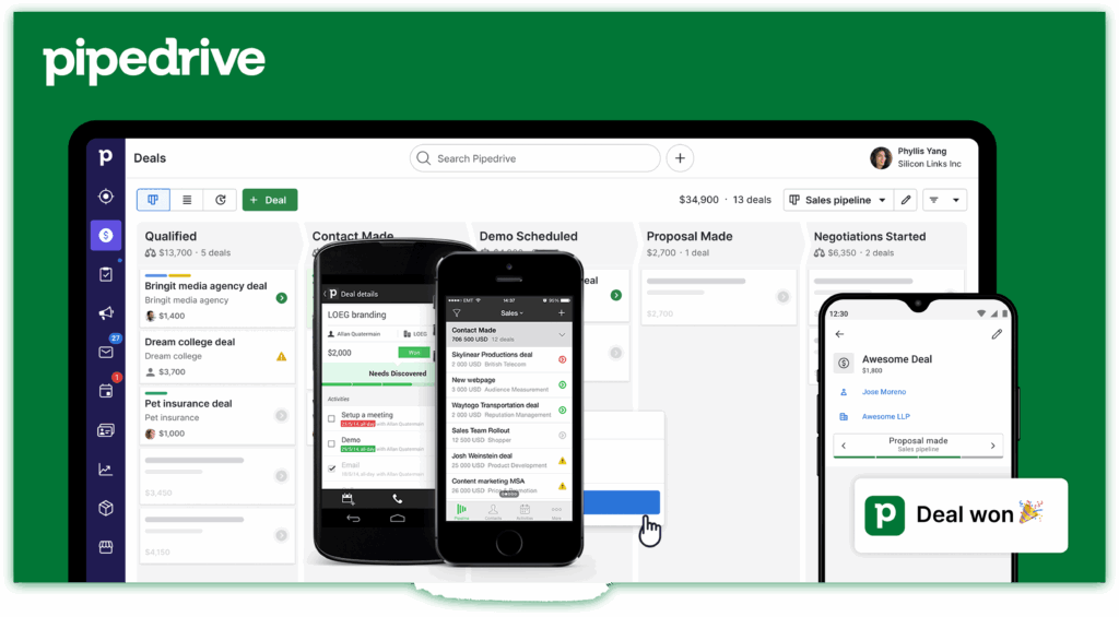 Interface du logiciel CRM Pipedrive avec support mobile.