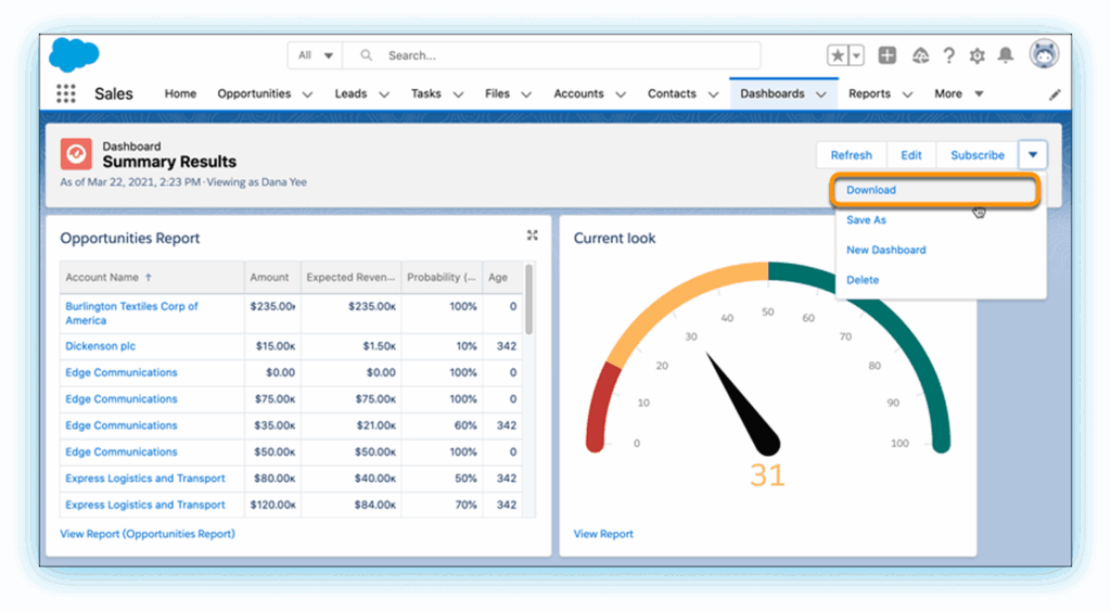 Interface Salesforce CRM avec tableau de bord ventes, opportunités et indicateur de performance.