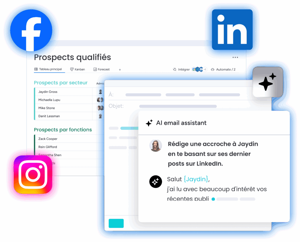 Prospection digitale : CRM avec assistant IA pour emails, Facebook, Instagram et LinkedIn.