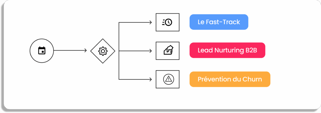 Workflow marketing automation avec fast track, lead nurturing B2B et prévention du churn.