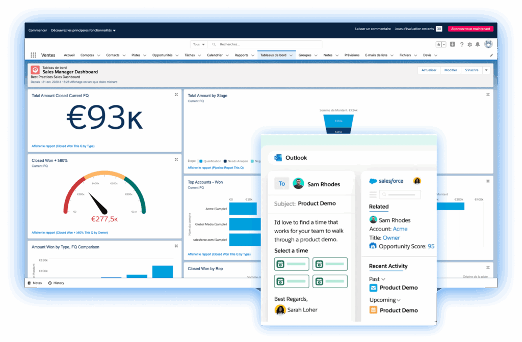 Gestion des ventes sur Salesforce avec tableau de bord et suivi des opportunités.