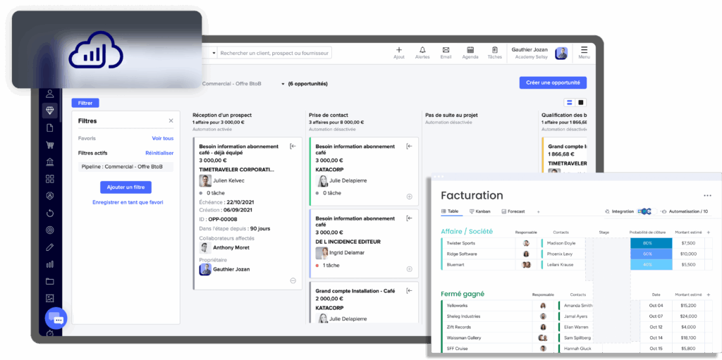Gestion des ventes et facturation sur logiciel CRM avec pipeline commercial B2B.