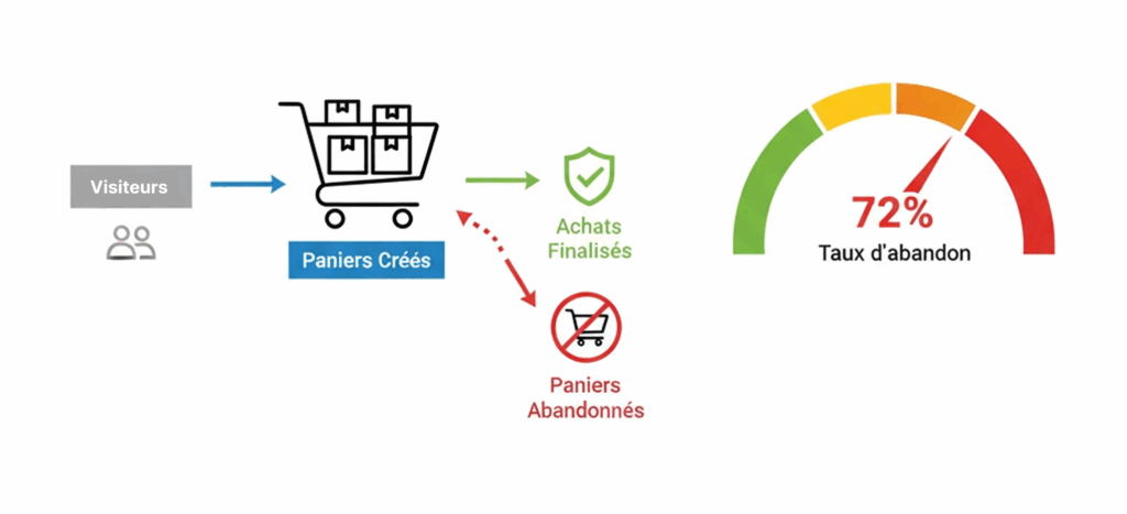 Taux abandon panier 72% visiteurs achats finalisés KPI e-commerce.