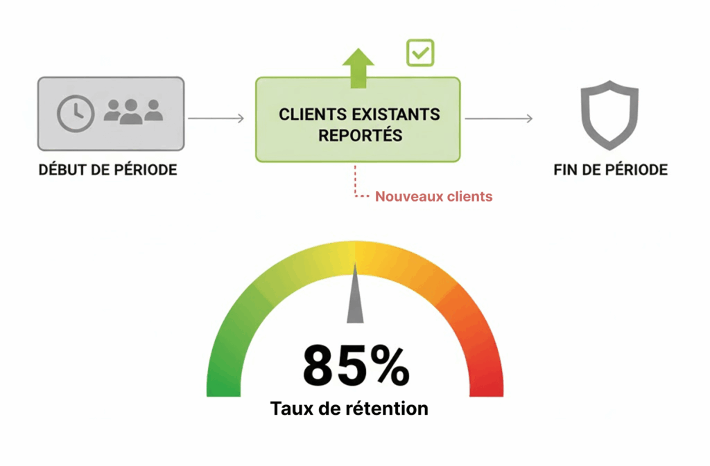 Taux de rétention 85% clients existants fin période KPI fidélisation.