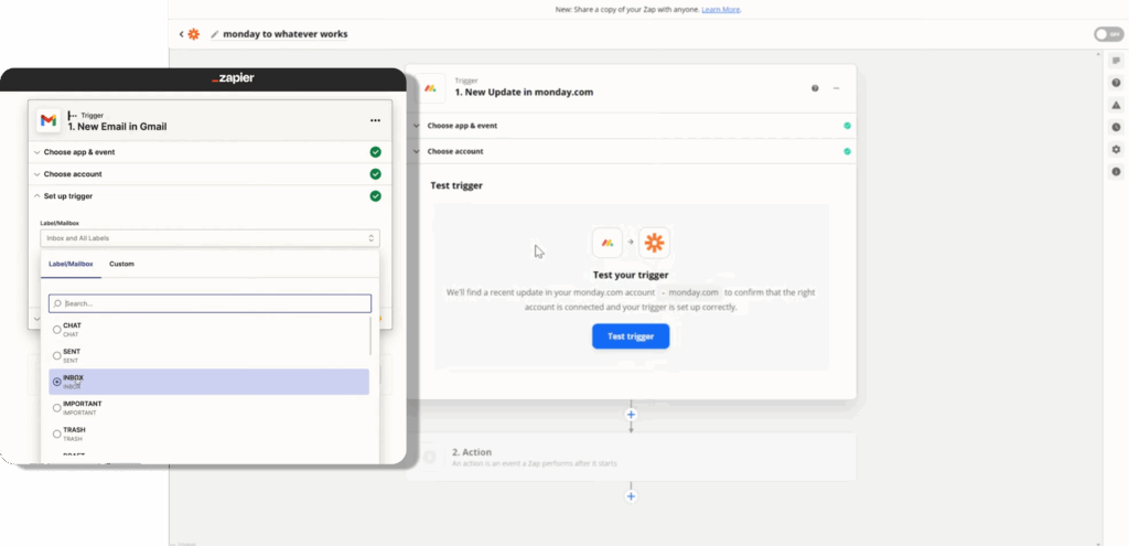 Configuration monday Zapier avec déclencheur email Gmail et test du trigger automatisation.
